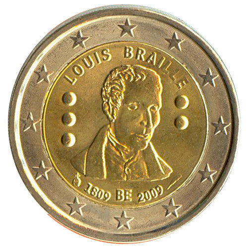 Moneta da 2 euro Belgio 2009 Louis Braille Moneta commemorativa UNC
