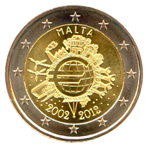 2 Euro Münze Malta 2012 10 Jahre Euro-Bargeld Sondermünze UNC