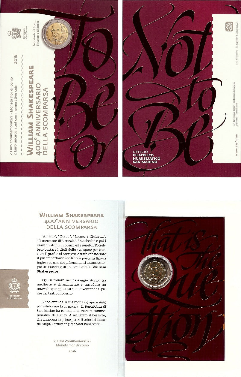 2 Euro Münze San Marino 2016 Shakespeare Sondermünze FDC