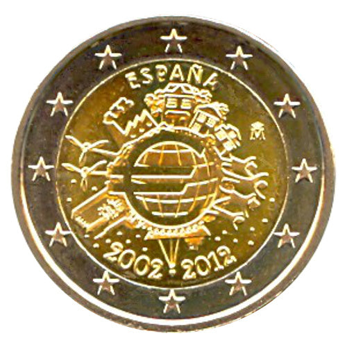 2 Euro Münze Spanien 2012 10 Jahre Euro-Bargeld Sondermünze UNC