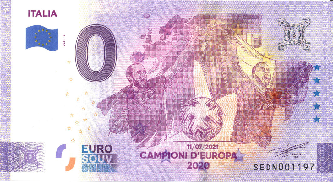 0 Euro Schein Italien · Fußball Europameister 2020 · Souvenir o Null € Banknote