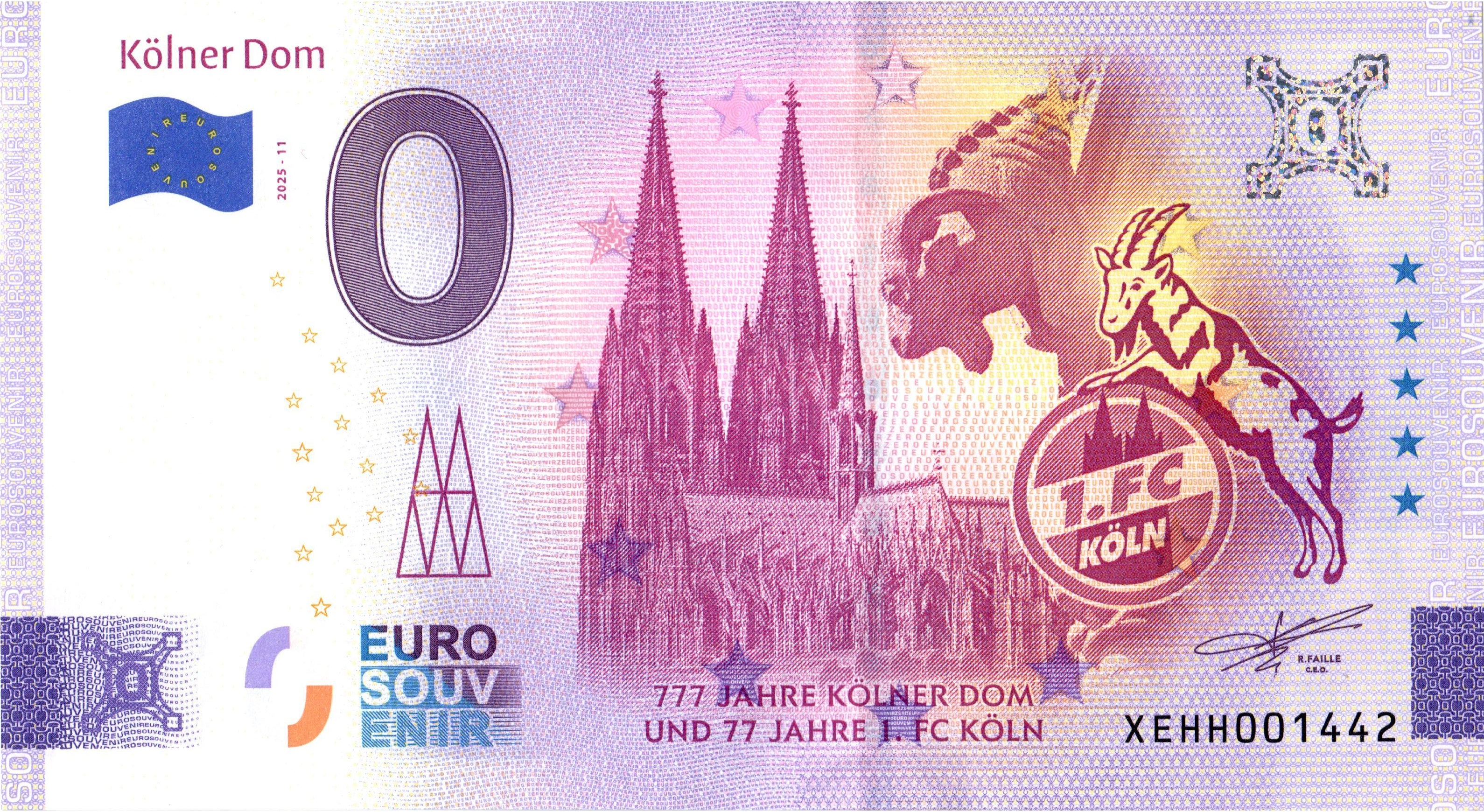 Billet de 0 euro Cathédrale de Cologne et 1. FC Cologne · Souvenir billet de o €