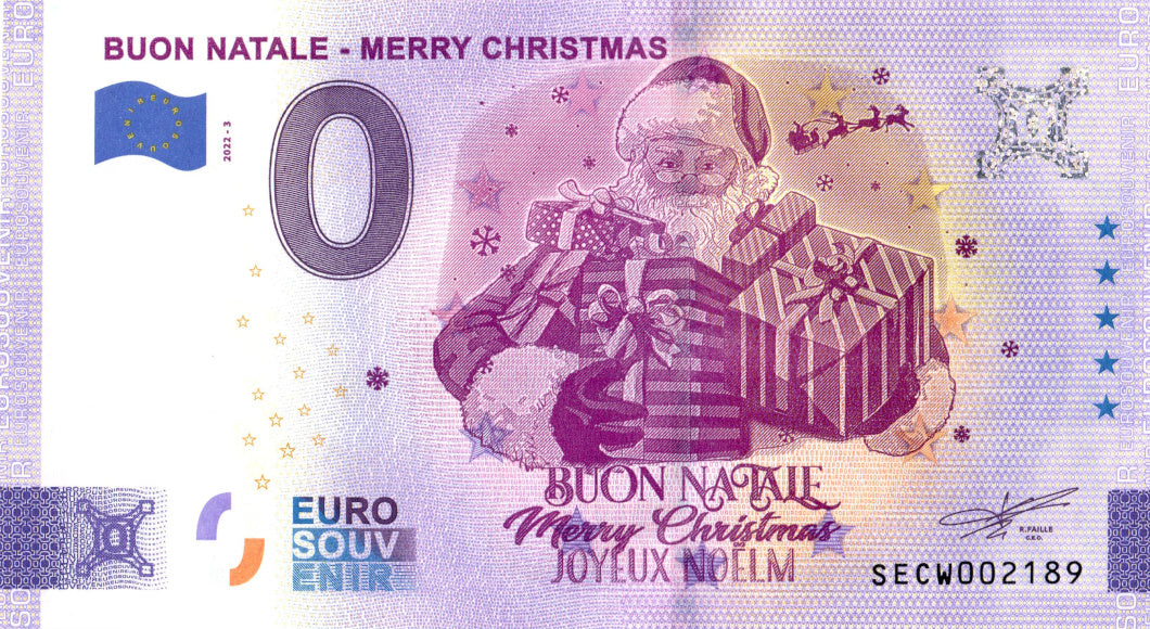 Banconota da 0 euro Merry Christmas · Buon Natale · Souvenir o zero € Biglietto SECW 2022-3