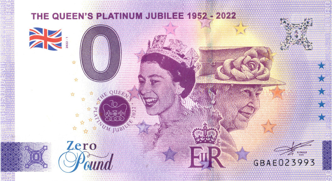 Banconota da 0 euro · 0 sterline Regina Elisabetta II · Souvenir o zero € Biglietto